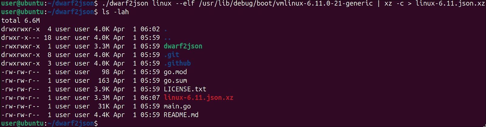 ubuntu dwarf2json example